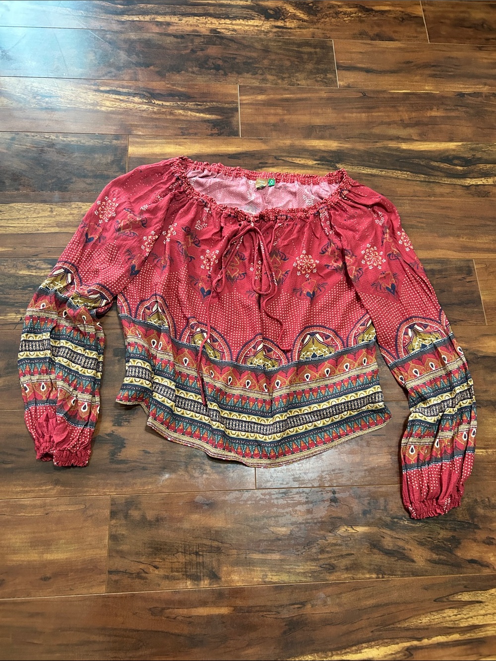 Boho Red Peasant Blouse with Smocked Sleeves from Brazil